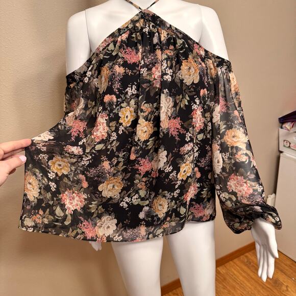 Bailey 44 Floral Cold Shoulder Halter Blouse Romantic Women Size Medium Coquette - Picture 4 of 13